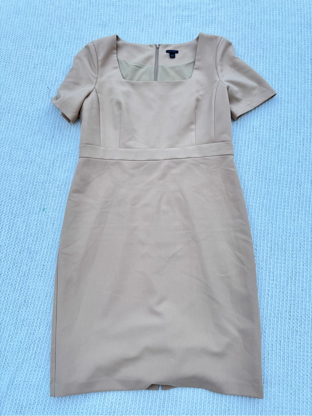 Ann Taylor Square‑Neck Short Sleeve Sheath Dress Camel Midi — Size 14